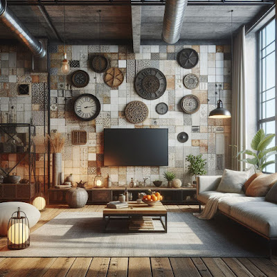 Desain ruang tamu Industrial dengan Dinding Keramik Rustic