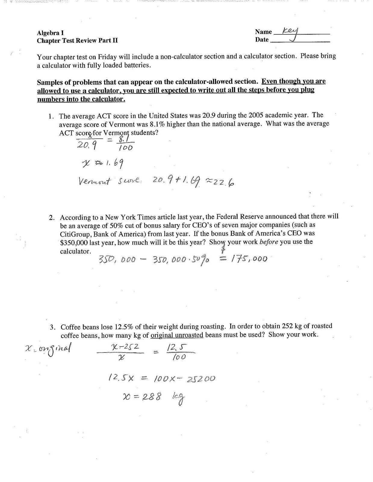 Jiazhen's Algebra I: Unit 2 Test Review Sheet with Answer Key!