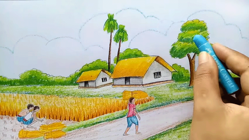 Menggambar pemandangan desa saat musim panen padi