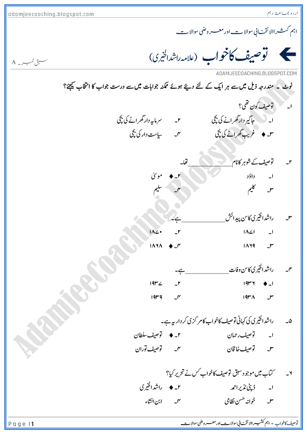 tauseef-ka-khawab-mcqs-urdu-10th