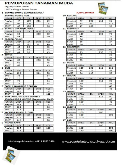 Dosis Pemupukan Berbagai Tanaman Muda bag 1 dengan Pupuk Mikro Plant Activator