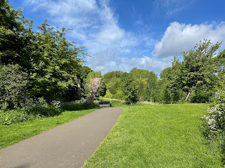 A path in the park under blue skies with some clouds.