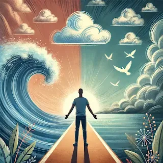 Image representing Acceptance and Commitment Therapy (ACT), illustrating psychological flexibility, acceptance of thoughts, and alignment with personal values amidst difficult emotions