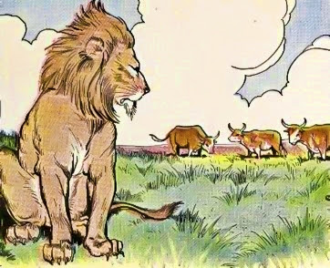Lion and Three Bulls Story in Hindi