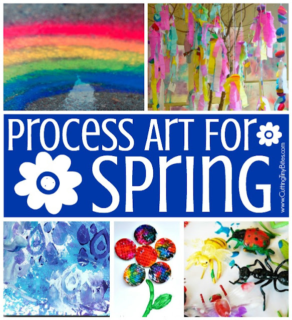 Spring Process Art- Great collection of 20 ideas for spring process art for toddlers, preschoolers, kindergartners, and elementary kids. You'll find painting, stamping, collages, sculpture, and more. Make flowers, bugs, rainbows, and butterflies!