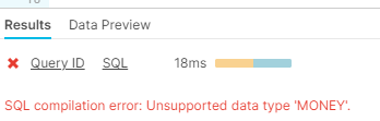 SQL compilation error: Unsupported data type 'MONEY''.