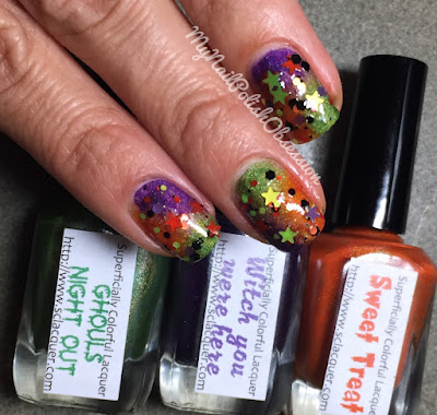 Halloween Nail Art using Superficially Colorful Sweet Treat, Witch You Were Here, Ghouls Night Out and KBShimmer Kiss and Spell