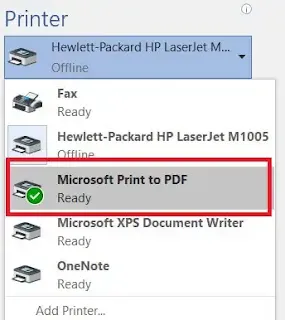 List of all the printers installed to the computer.