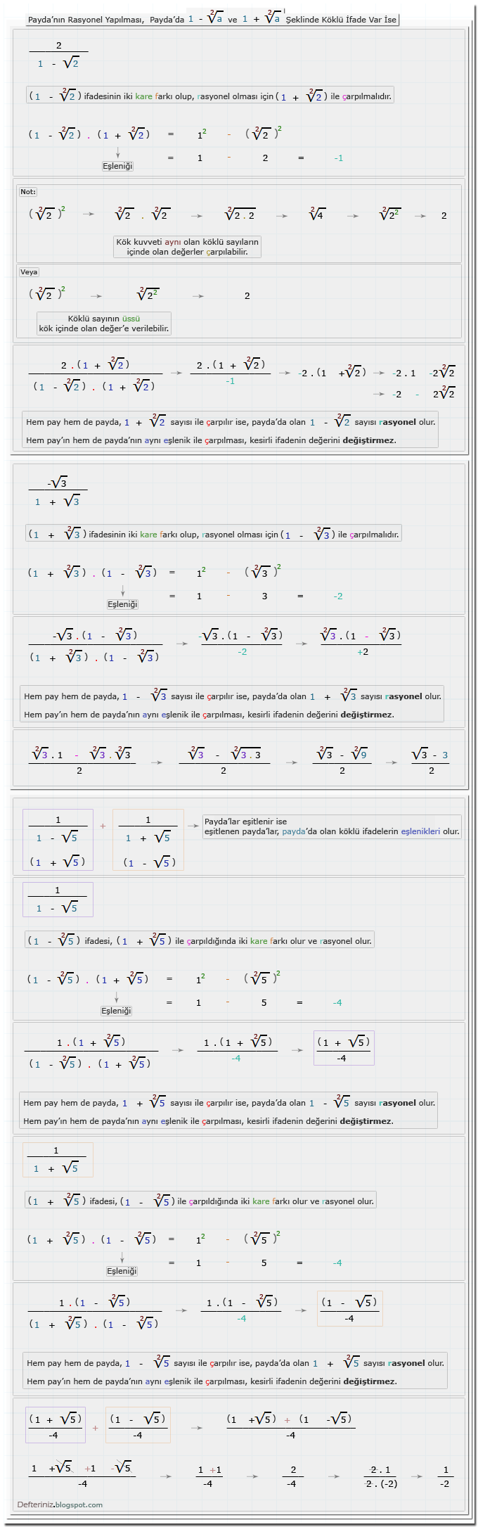 Örnek-17 » Payda'nın rasyonel yapılması » Payda'da 1 - √a ve 1 + √a şeklinde köklü ifade var ise » Eşleniği ile iki kare farkına dönüştürülen payda'lar.