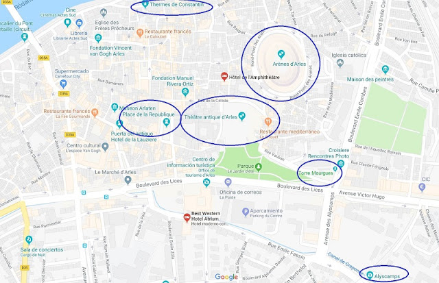 Mapa sitios Patrimonio de la Humanidad de Arlés