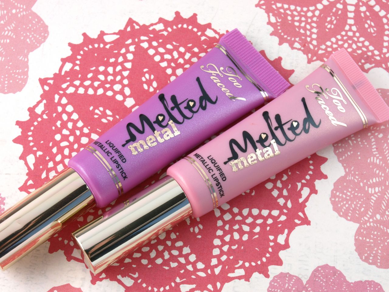 Too Faced Melted Metal Liquified Metallic Lipstick in "Melted Metallic Peony" & "Melted Metallic Violet": Review and Swatches