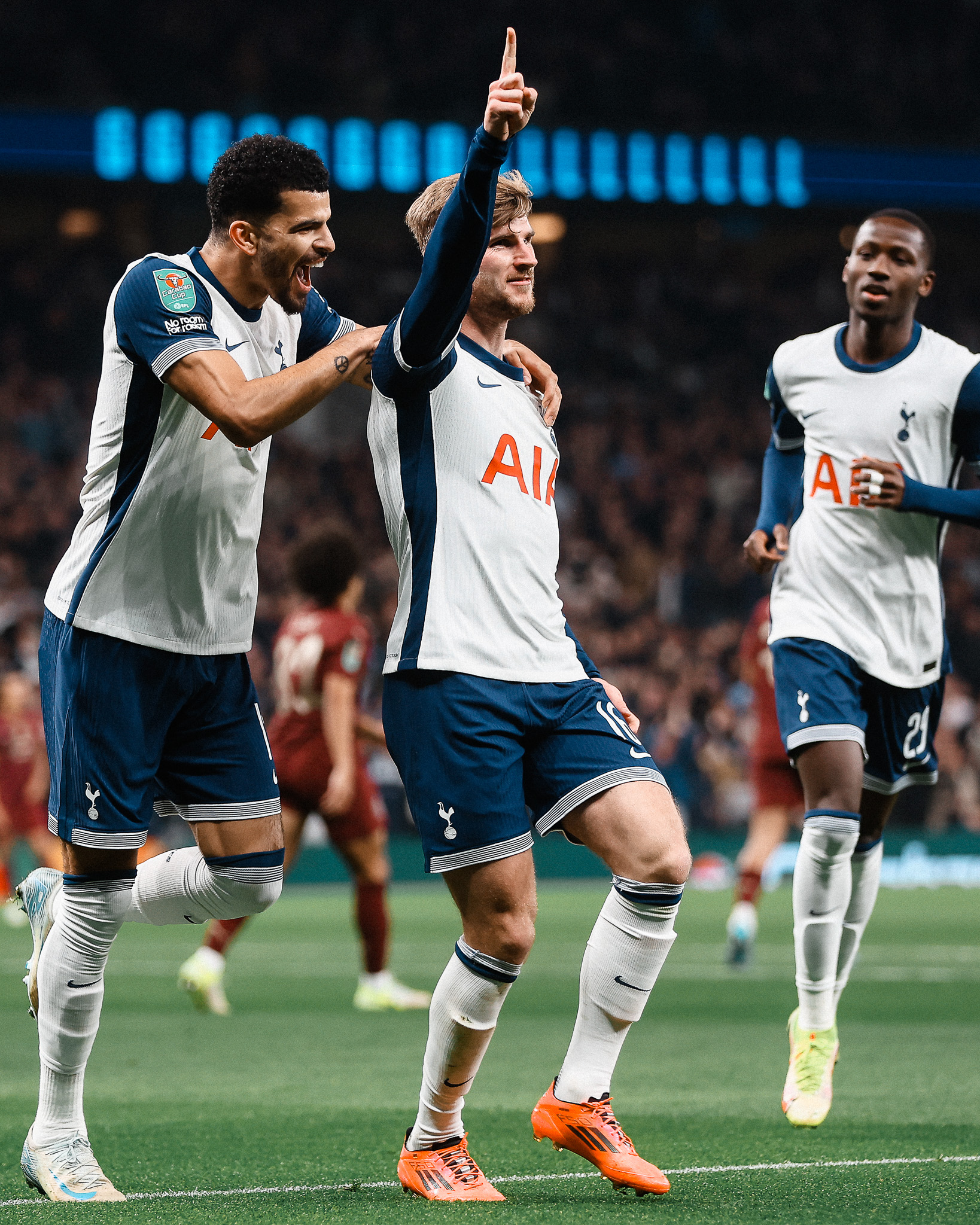 Forward, Timo Werner, celebrates goal for Tottenham Hotspur with teammates in the EFL Cup 2024/25 fourth round match against Manchester City at Tottenham Hotspur Stadium on Wednesday 30 October, 2024