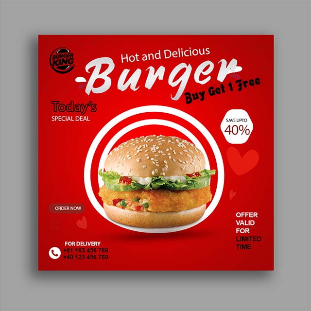 Delicious Burger Fast Food Social Media Banner Template PSD File Free Download