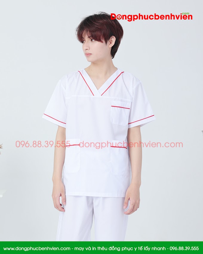 Bộ blouse cổ tim nam - bộ scrubs kỹ thuật viên màu trắng có viền đỏ cộc tay cho bác sỹ, điều dưỡng, dược sỹ