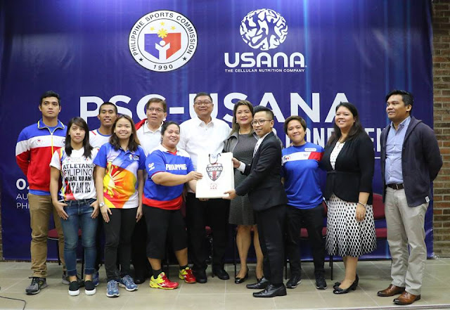 USANA-PSC-PSI Ceremonial Turn-Over (left to right): front row – Divine Wally (Wushu); Wilhelmina Lozada (Fencing); Josephine Medina (Para Table Tennis) receiving the USANA products from Lerwin Onanad, USANA Field Development Supervisor; Rubilen Amit (Billiards); Lizbeth Jose, Field Development and Marketing Director, USANA Philippines and Marc Edward Velasco, National Training Director, Philippine Sports Institute. (Back row, left to right): Rick Maano and Cristian Jude Queco (Karate); Eugene Torre (PH Grand Master and National Coach Chess Team); William Ramirez, PSC Chairman; and USANA Vice-President for Philippines and Indonesia, Aurora Mandanas-Gaston.