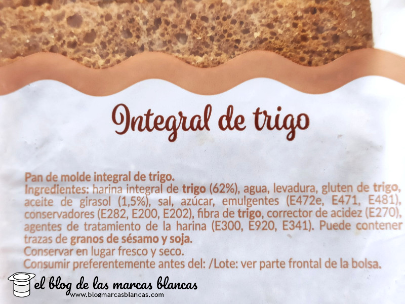 Ingredientes del Pan de molde integral de trigo EL MOLINO DE DIA en El Blog de las Marcas Blancas.