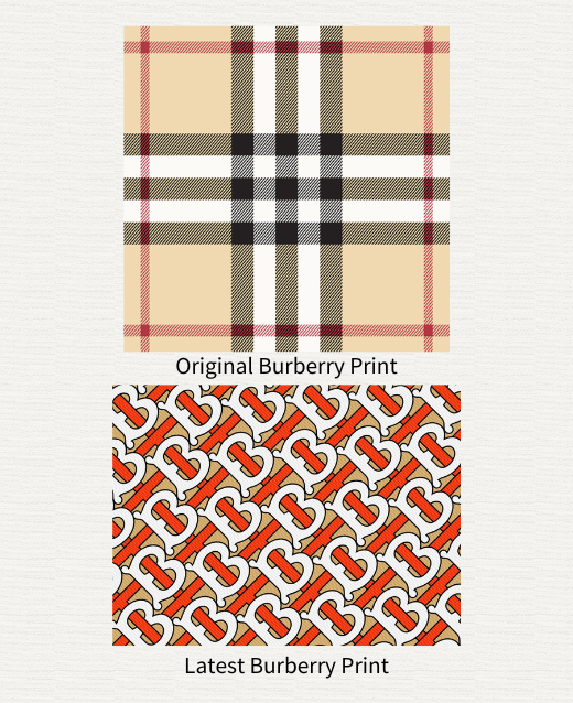 Image of original check burberry print next to the new burberry print.