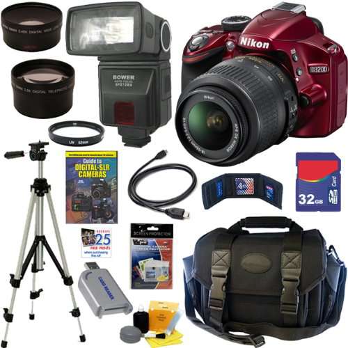 Nikon D3200 24.2 MP CMOS Digital SLR Camera (Red) with 18-55mm f/3.5-5.6 AF-S DX VR NIKKOR Zoom Lens + Automatic TTL Flash + Telephoto & Wide Angle Lenses + 10pc Bundle 32GB Deluxe Accessory Kit