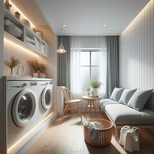 a cozy and well-designed washing room, with clean white walls