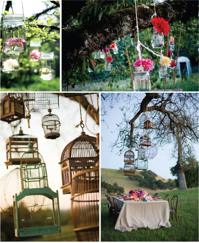 Consider mason jars and antique birdcages hanging from the trees