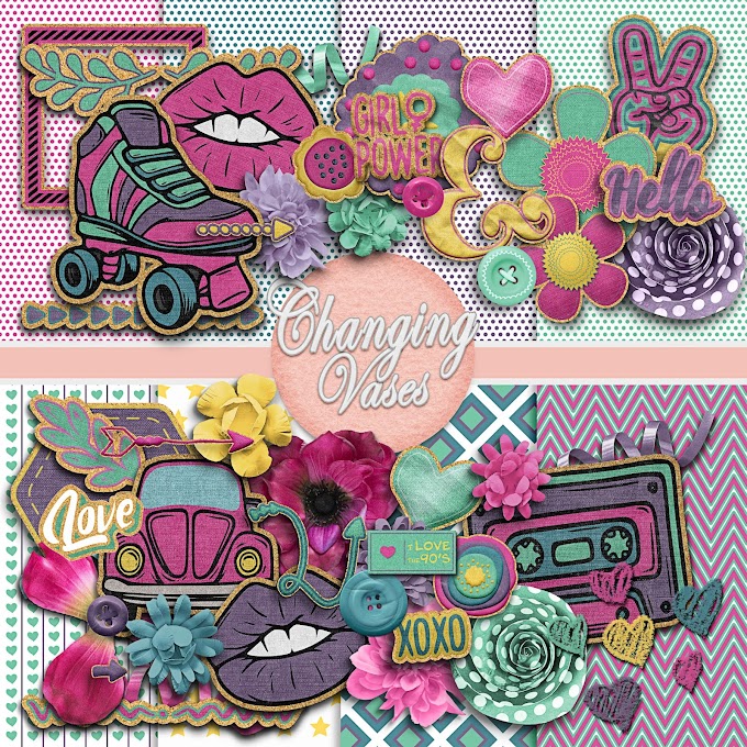 90s Girl Digital Scrapbooking Kit with Free Scrapbook Quick Page Layout 