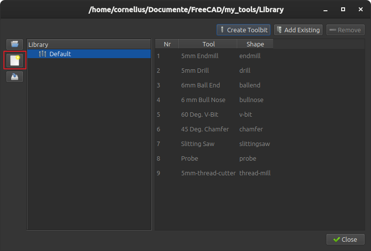 FreeCAD Toolbit Library Editor window