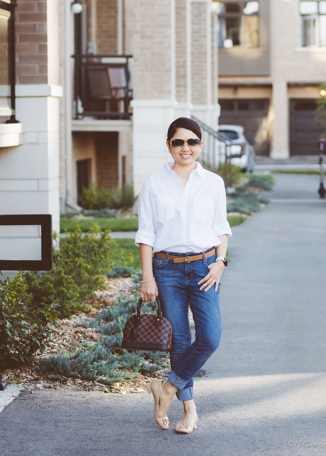 Levi Strauss White Shirt | Old Navy Blue Jeans | Tory Burch Reversible Belt | Ray Ban Aviator Sunglasses | Louis Vuitton Alma BB | Gigi Patent Pumps | Mom Style | Petite Fashion