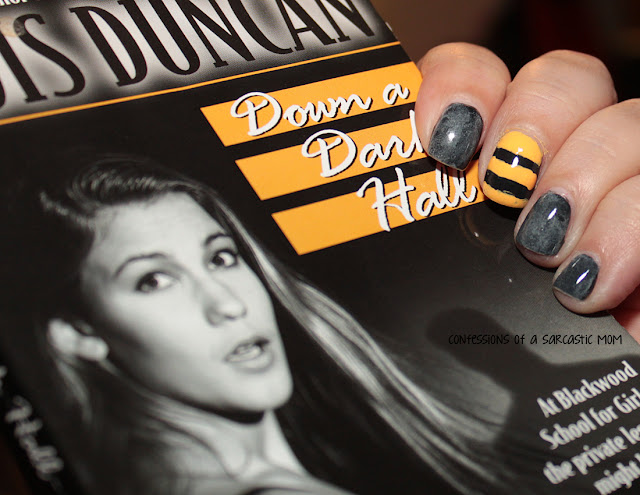 Nail art inspired by a book cover of Down A Dark Hall by Lois Duncan