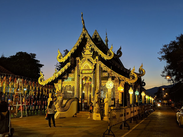 Golden Buddhist temple at dusk, Chiang Mai, Thailand