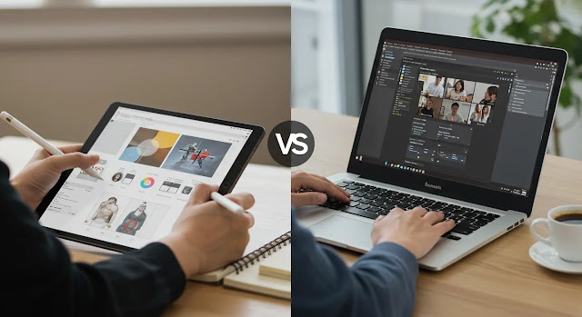 Comparación de una tableta y una laptop: Imagen de pantalla dividida que muestra una tableta y una laptop en uso. En un lado, una persona usa una tableta con un lápiz para tomar notas o diseñar, mientras que en el otro, alguien trabaja en una laptop con varias pestañas abiertas y una videollamada en curso.