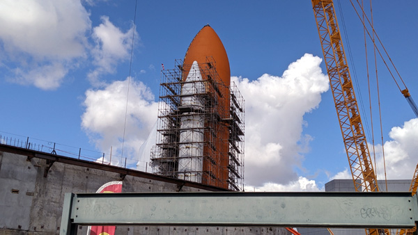 At the California Science Center in Los Angeles, Endeavour's Space Shuttle Stack stands tall inside the construction site for the Samuel Oschin Air and Space Center...on February 2, 2024.
