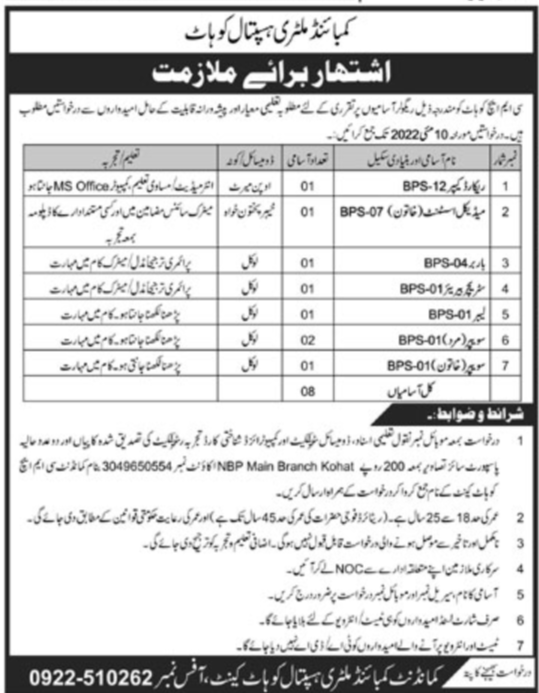 Latest Combined Military Hospital CMH Management Posts Kohat 2022