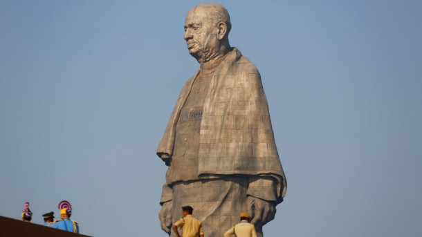 Indian policemen gather next to the Statue of Unity