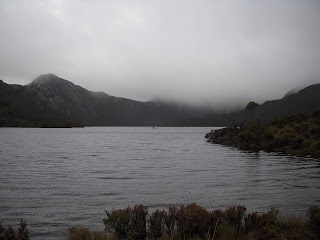 Dove Lake with Cradle Mountain hidden in cloud