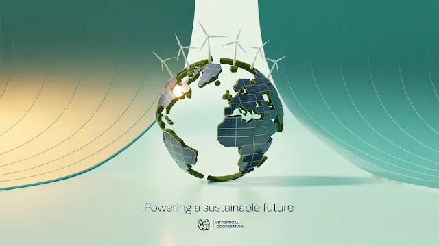 A vibrant, conceptual advertisement showcasing the global shift towards renewable energy, featuring a stylized world globe constructed entirely from solar panels, wind turbines, and hydroelectric dams. The globe rotates gently against a clean, futuristic background of shifting gradients of teal and gold, symbolizing growth and sustainability, with a single beam of sunlight highlighting the intricate details of the renewable energy infrastructure.
