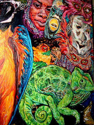 hurricane, rita, katrina, louisiana, cajun, gulf of mexico, oil painting, Melissa Sarat painting, parrot, chameleon, frog, turtle, mardi gras, masks, fish, ocean, monkey, carnival, goddess, robin eggs, bird nest, water, storm painting, water painting, goddess painting, mardi gras painting, frog art, frog painting, south louisiana, LSU, parrot art, turtle art, celebration art, environmental, global warming