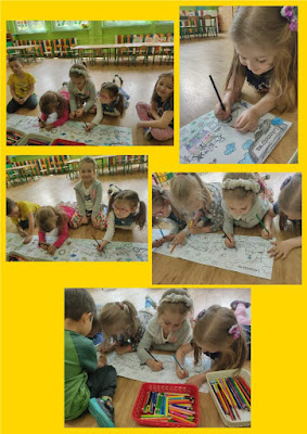 Żółte tło 5 zdjęć sala dzieci kolorują pracę plastyczną wiersz Lokomotywa rozłożony na podłodze obok pudełka z kolorowymi kredkami