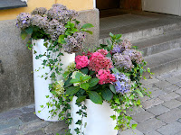 containers of flowers on a door stoop in Helsinki Finland