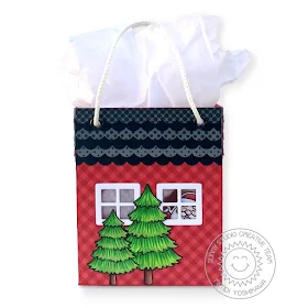 Sunny Studio Stamps: Sweet Treats Holiday Christmas Gift Bag with House Add-on (using Seasonal Trees & Santa Claus Lane Stamps and Classic Gingham & Heroic Halftones 6x6 Patterned Paper)