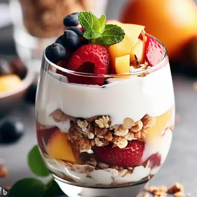 Greek yogurt parfait with layers of fruits and granola: