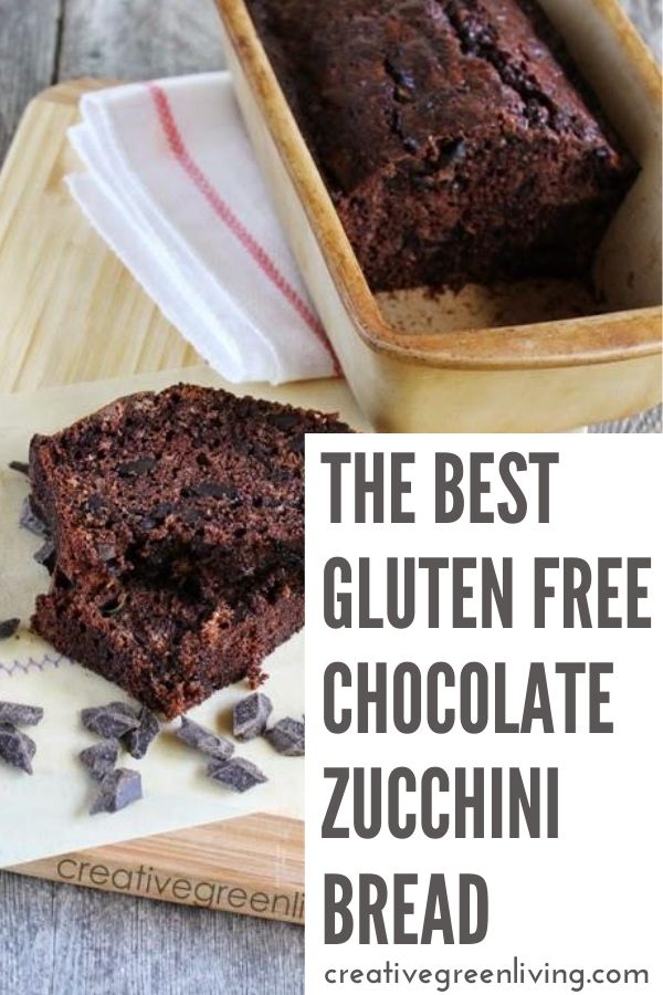 Get the recipe for the best chocolate gluten free zucchini bread! This chocolate zucchini bread recipe uses lots of zucchini and is easy to make. This healthy chocolate zucchini bread uses a 1:1 GF flour blend like Bobs Red Mill or Namaste. The chocolate chunks make it even better! #creativegreenliving #creativegreenkitchen #glutenfree #chocolatezucchinibread