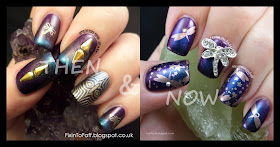 Updated gradient dragonfly stamped nail art with crystals and nail charm.