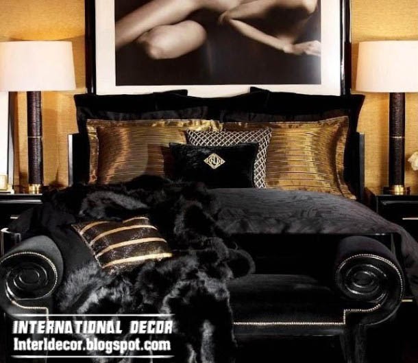 art deco style in modern interior, black furniture in bedroom