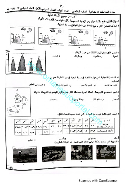 نموذج اجابة اختبار الدراسات الاجتماعية للصف الخامس الفصل الاول الدور الاول 2022-2023 محافظة شمال الباطنية