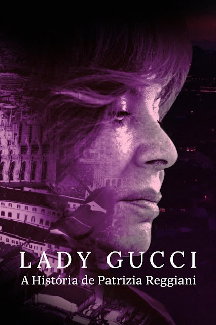 Close up do rosto de Patrizia Reggiani em tons de roxo, com um olhar penetrante e misterioso, destacando sua personalidade marcante e envolvente. A imagem de capa reflete a intensidade e complexidade da personagem principal do documentário "Lady Gucci: A História de Patrizia Reggiani".