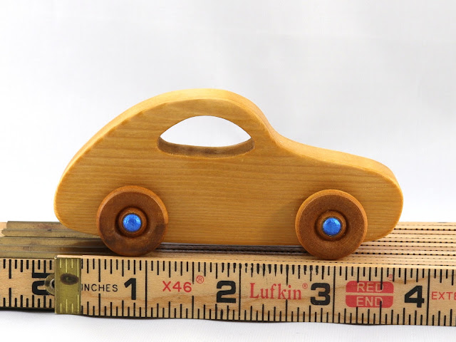 Handmade Wooden Toy Car Classic 1957 Bug Play Pal Amber and Metallic Blue Hubs Wood Rule