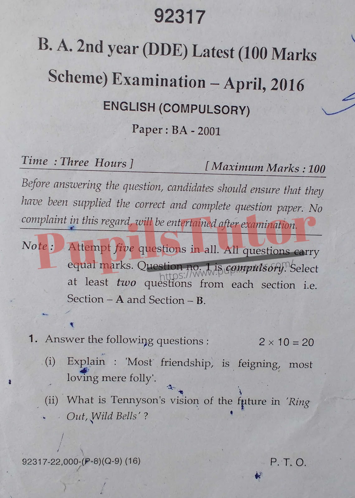 MDU DDE (Maharshi Dayanand University - Directorate of Distance Education, Rohtak Haryana) BA  Second Year Previous Year English Question Paper For April, 2016 Exam (Question Paper Page 1) - pupilstutor.com