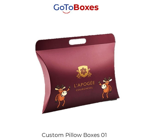 Seize the best quality Custom Pillow Boxes with exquisite styling at GoToBoxes. We manufacture boxes with premium quality organic material with free shipping.