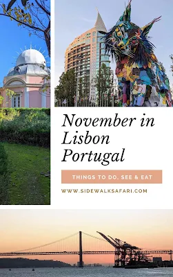 Collage of pictures of Lisbon in November with text overlay "November in Lisbon Portugal"