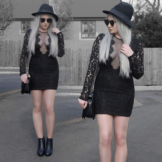 Sammi Jackson - Primark Fedora / Zaful Sunglasses / Tobi Raven Netted Lace Bodycon Dress / OASAP Quilted Flap Bag / Office Chunky Ankle Boots